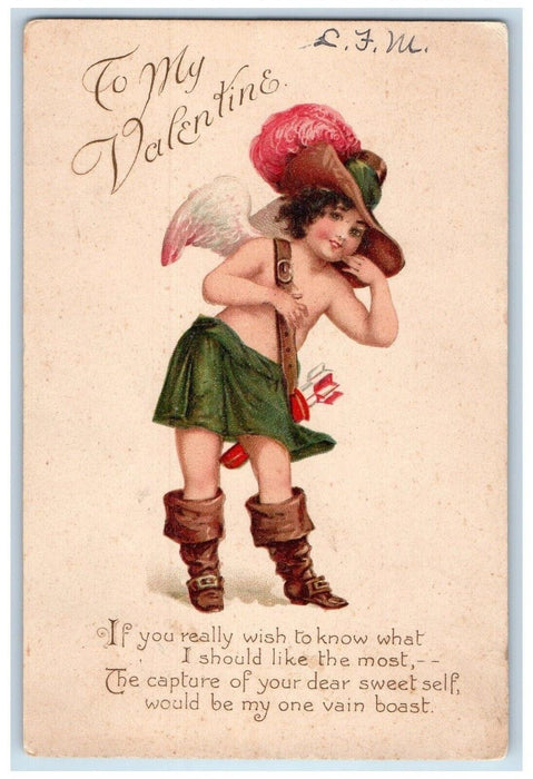 1906 Valentine Cupid Angel Big Hat Arrow Vergennes Vermont VT Tuck's Postcard