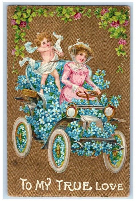 1910 Valentine Cupid Angel Bow Arrow Pretty Girl Car Pansies Flowers Postcard