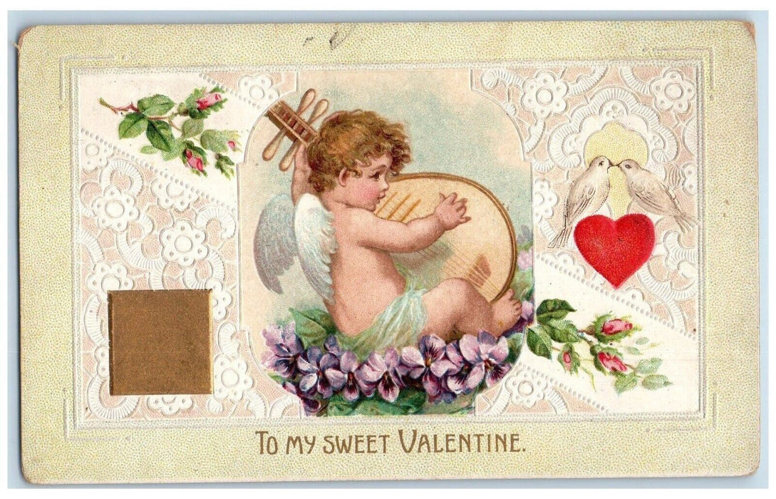 c1910's Valentine Angel Playing Lute Heart Dove Flowers Embossed Postcard