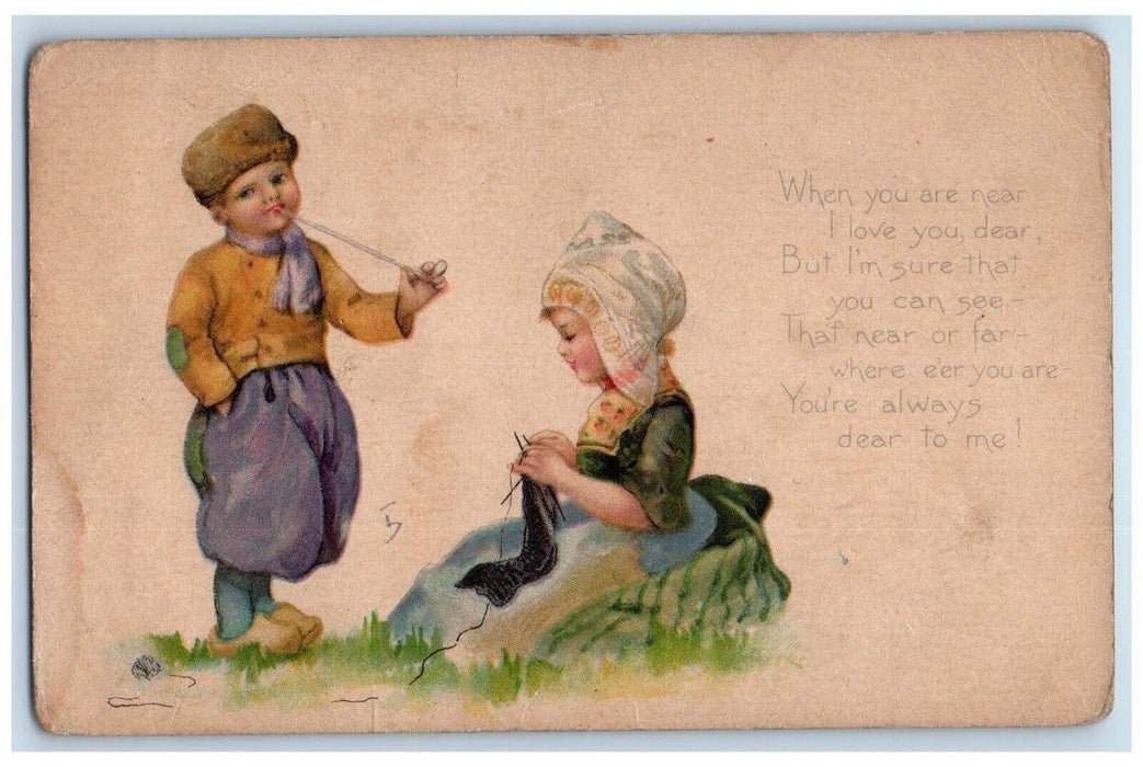 c1910's Valentine Dutch Boy Girl Stitching Gibson Posted Antique Postcard