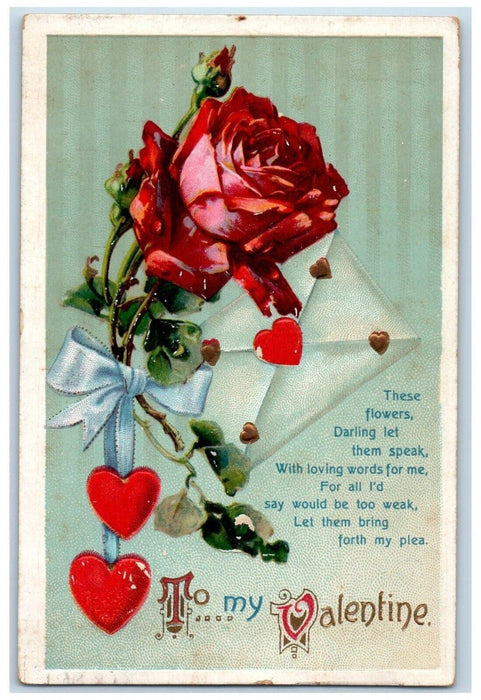 1912 Valentine Letter Hearts Red Rose Flowers Clapsaddle Chicago IL Postcard