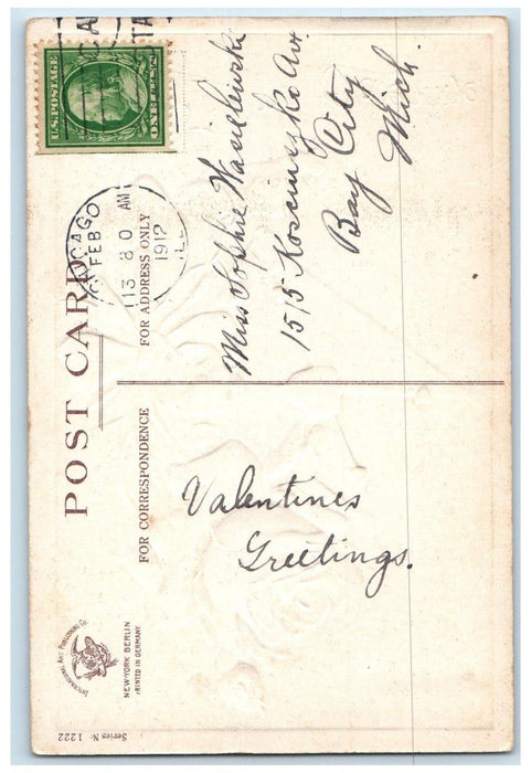 1912 Valentine Letter Hearts Red Rose Flowers Clapsaddle Chicago IL Postcard