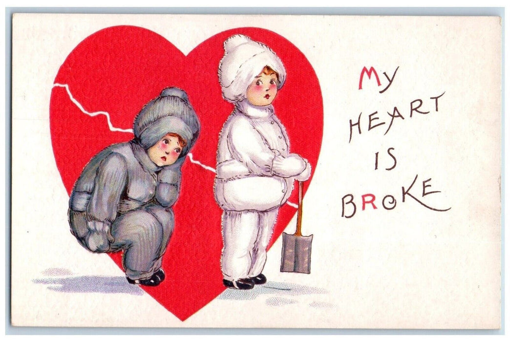 c1910's Valentine Broken Heart Children Shovel Winter Embossed Antique Postcard