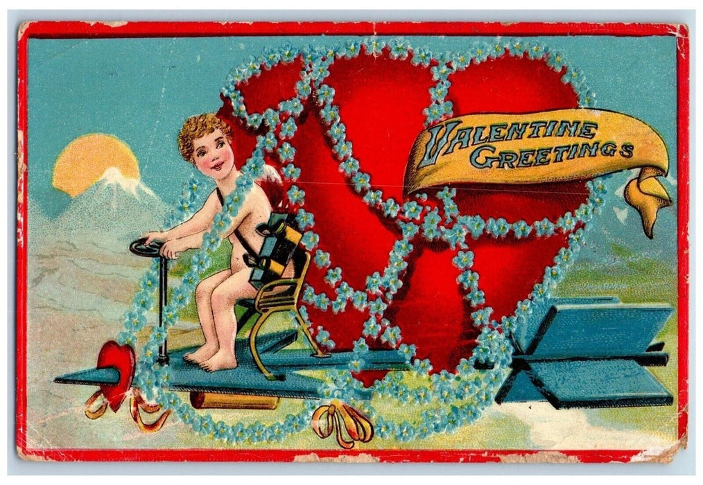 Valentine Greetings Angel Riding Arrow Car Missile Giant Heart Pansies Postcard