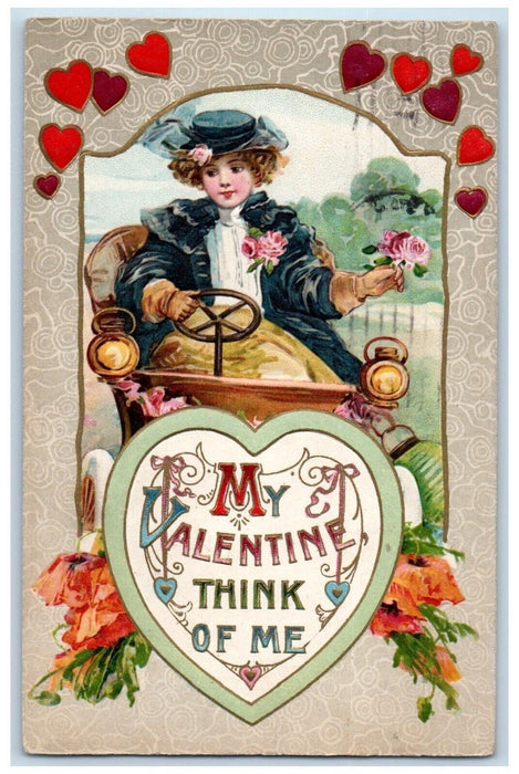 1910 Valentine Boy Driving Car With Flowers Hearts Embossed Winsch Back Postcard
