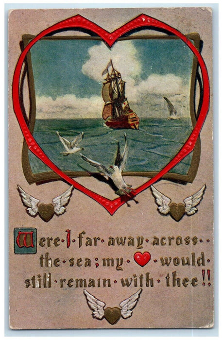 1910 Valentine Floating Heart Wings Boat Birds Embossed Streator IL Postcard