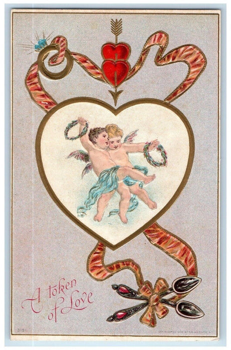 c1910's Valentine Heart Angels Dancing Spoon Rings Embossed Antique Postcard