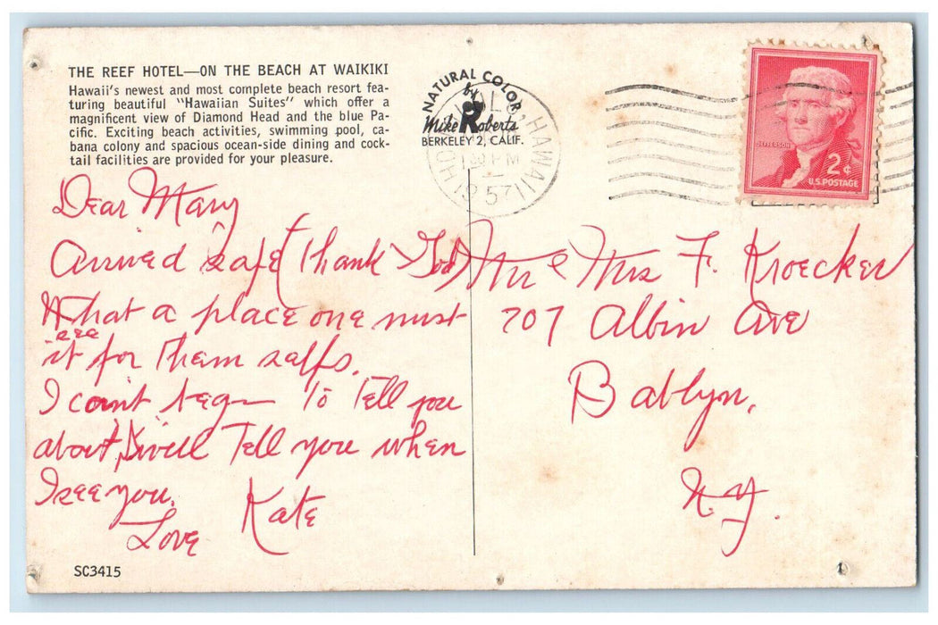 1957 The Reef Hotel On The Beach at Waikiki Honolulu Hawaii HI Postcard