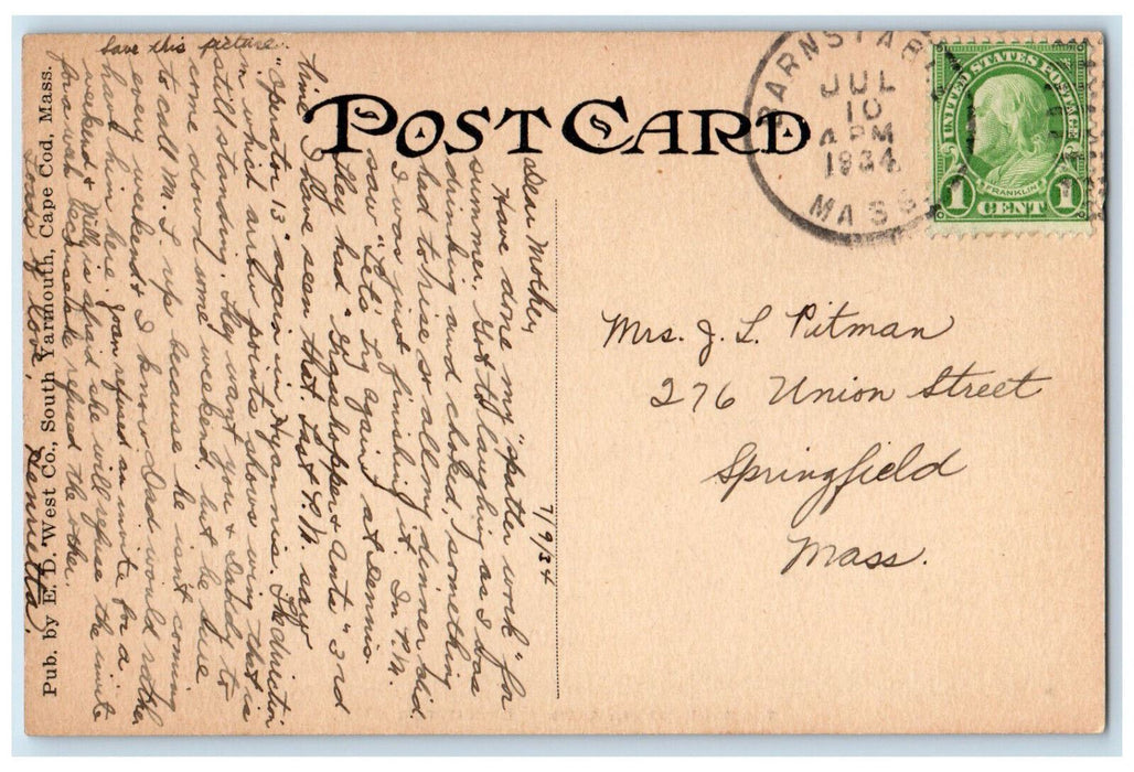 1934 The Blue Tavern Club Barnstable Massachusetts MA Vintage Posted Postcard