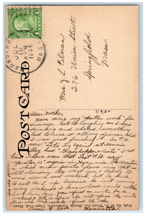 1934 The Blue Tavern Club Barnstable Massachusetts MA Vintage Posted Postcard
