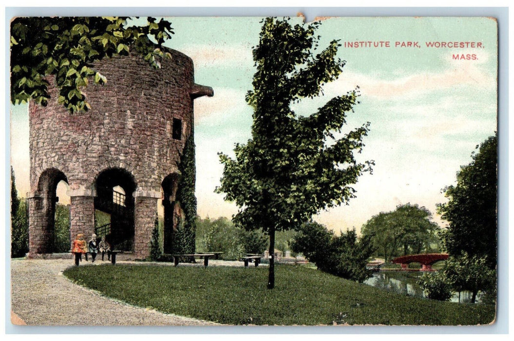 c1910 Big Tower Institute Park Worcester Massachusetts MA Antique Postcard