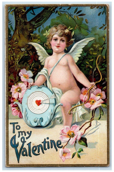 c1910's Valentine Angel Target Bow And Arrow Flowers Embossed Antique Postcard