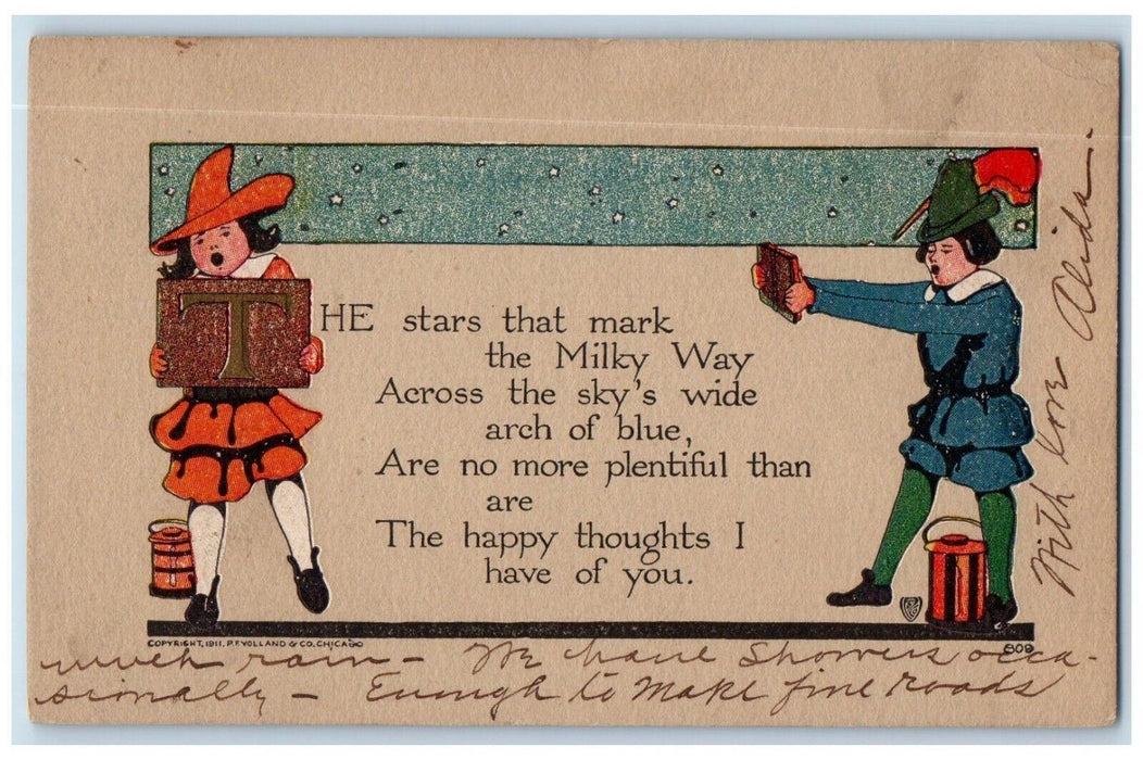 c1910's Valentine Poem Volland Boy Girl Paint Letters Posted Antique Postcard