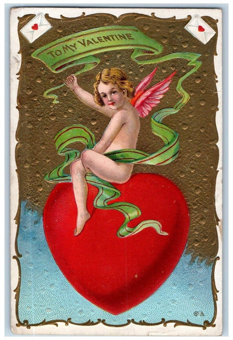 1911 Valentine Angel Sitting In A Big Heart Letters Embossed Chicago IL Postcard