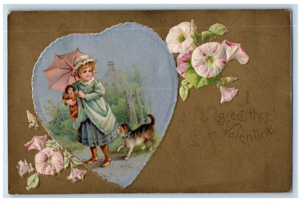 1906 Valentine Big Heart Girl Doll Cat kitten Flowers Embossed Nash Postcard