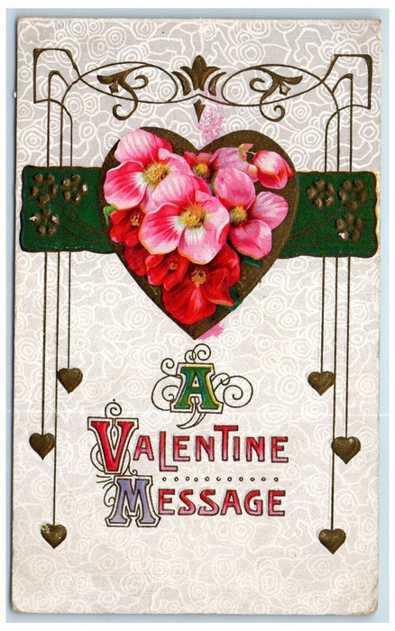 1912 Valentine Message Hearts Flowers Embossed Randolph IL Antique Postcard