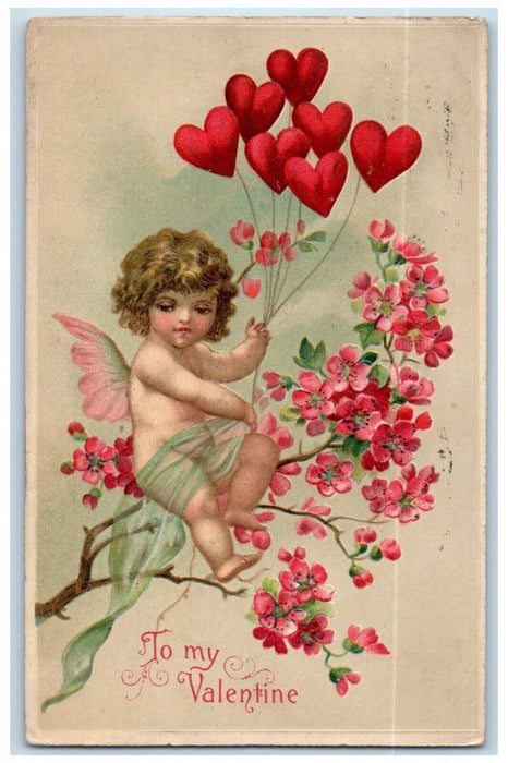 1910 Valentine Angel Hearts And Pansies Flowers Embossed Chicago IL Postcard