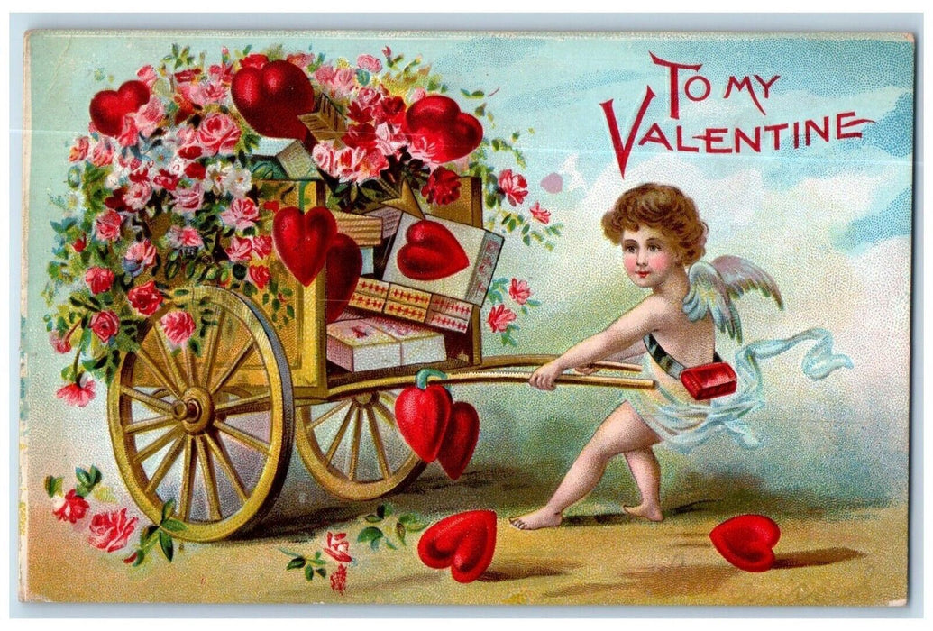 1911 Valentine Angel Pulling Cart Hearts Flowers Embossed Royersford PA Postcard