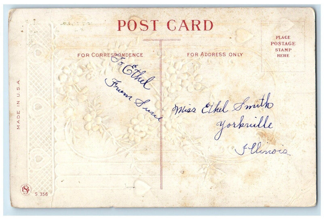 c1910's Valentine Qoutes Heart Pansies Flowers Embossed Posted Antique Postcard