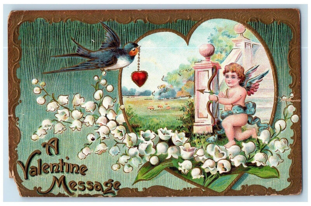 1911 Valentine Message Cupid Angel Bow And Arrow Bird Heart Embossed Postcard