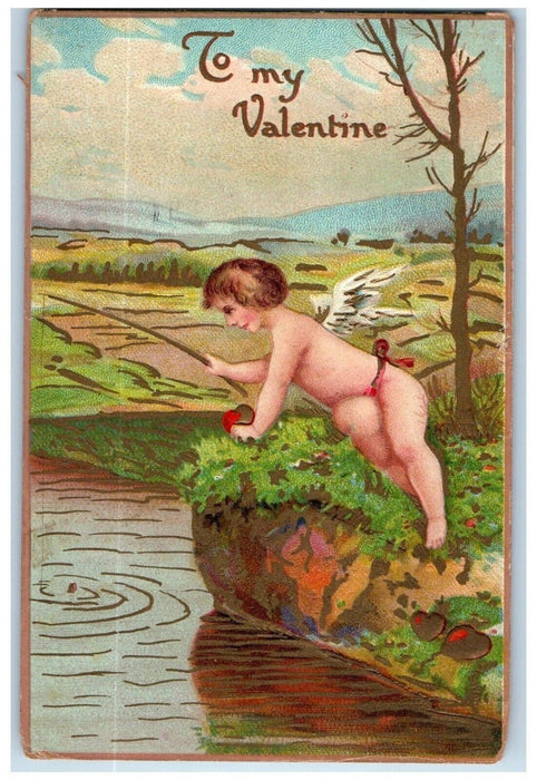 1911 Valentine Angel Fishing River Embossed Chicago Illinois IL Antique Postcard