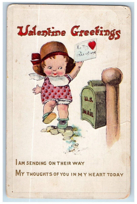 c1910's Valentine Greetings Droping Letter U.S Mail Embossed Antique Postcard