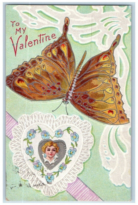 1910 Valentine Heart Boy Head Flowers Exaggerated Butterfly Embossed Postcard