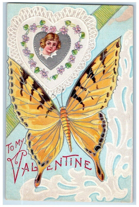 c1910's Valentine Exaggerated Butterfly Heart Girl Head Embossed Posted Postcard