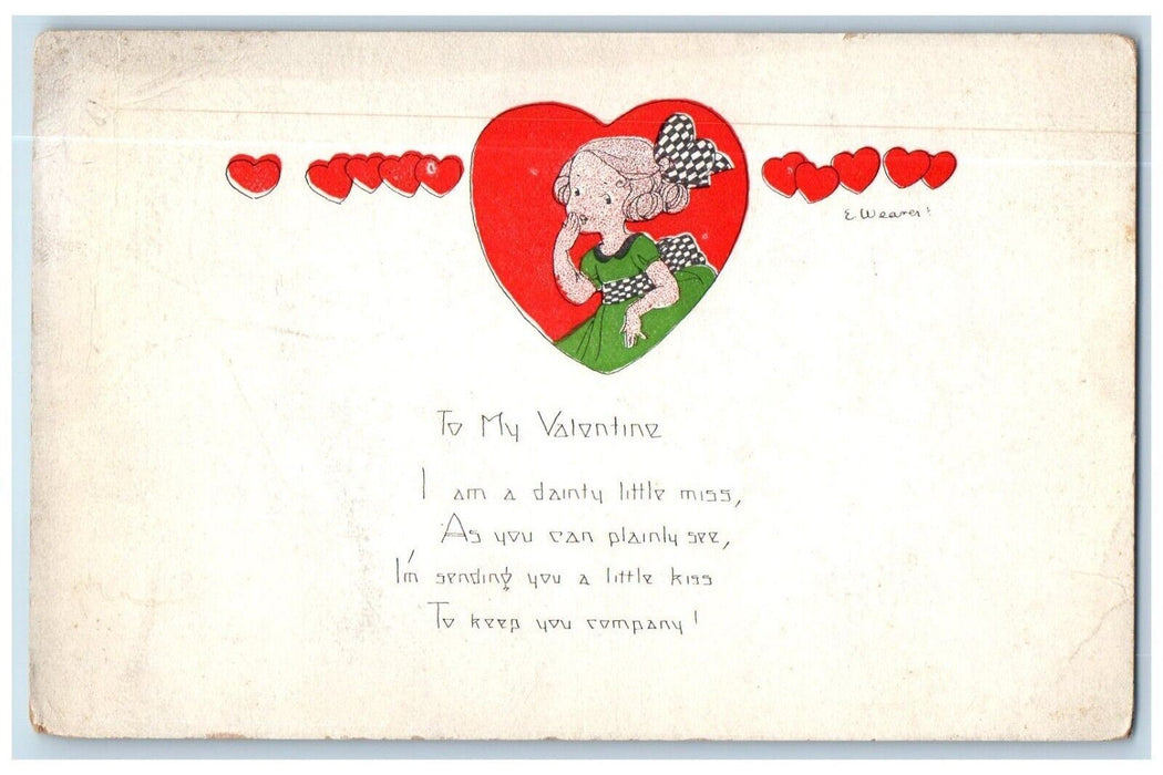 c1910's Valentine Message Hearts Cute Girl Unposted Antique E. Weaner Postcard