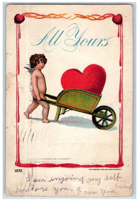 1907 Valentine Angel Pushing Cart With Big Heart Ullman Antique Postcard