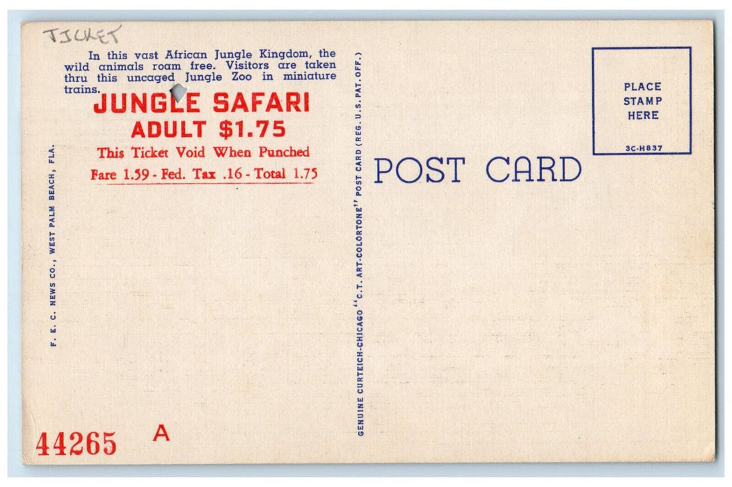 c1950's Zee Horse and Grevy Zebras Africa USA Boca Raton FL Ticket Postcard