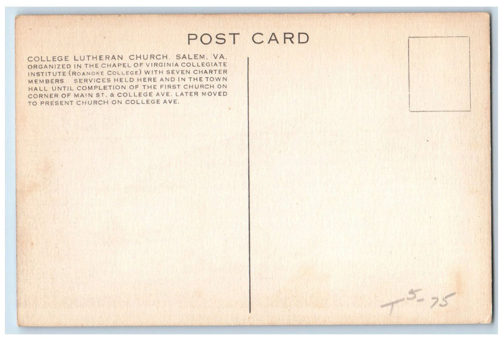 c1940's Present Church College Lutheran Church First Church Salem VA Postcard