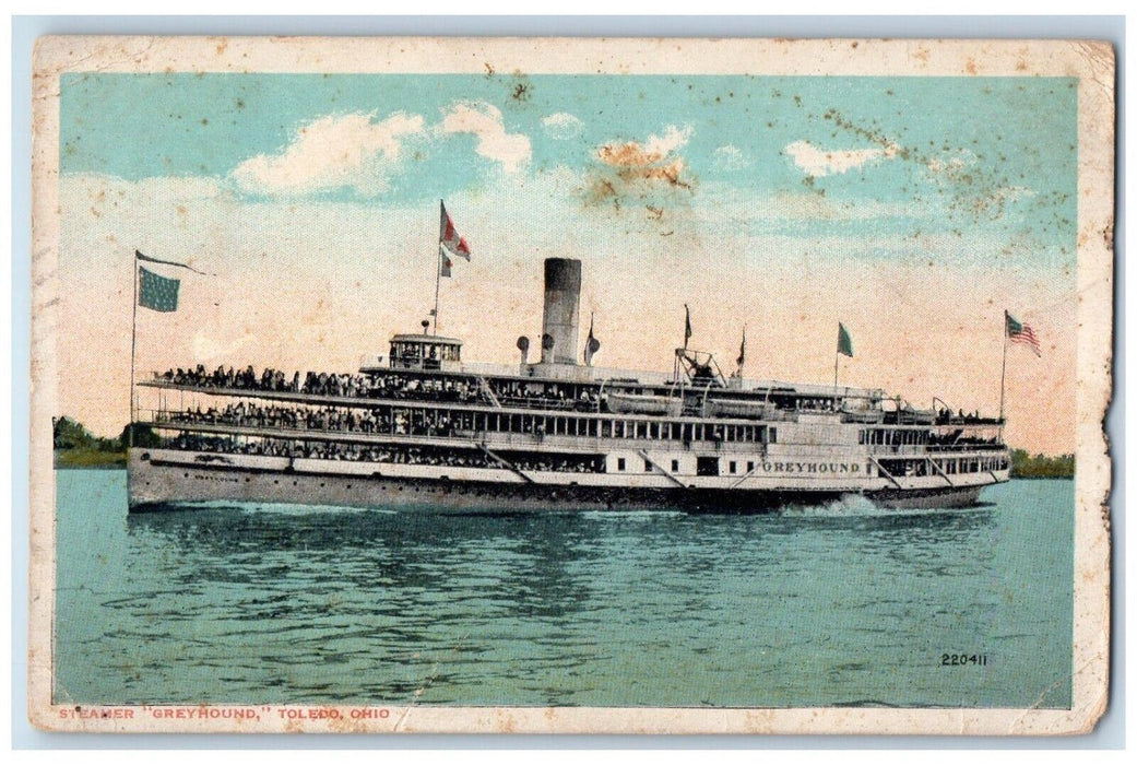 c1916 Steamer Greyhound Ship Deck Flag Toledo Ohio OH Vintage Antique Postcard