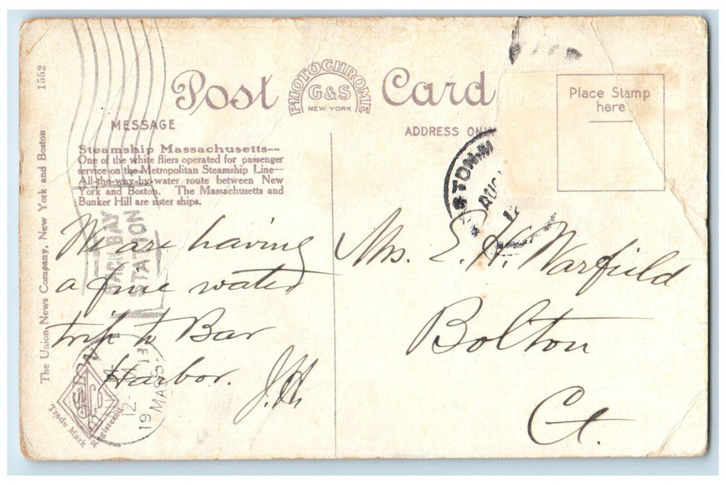 1913 Steamship Eastern Steamship Corporation Steamer Flag Massachusetts Postcard