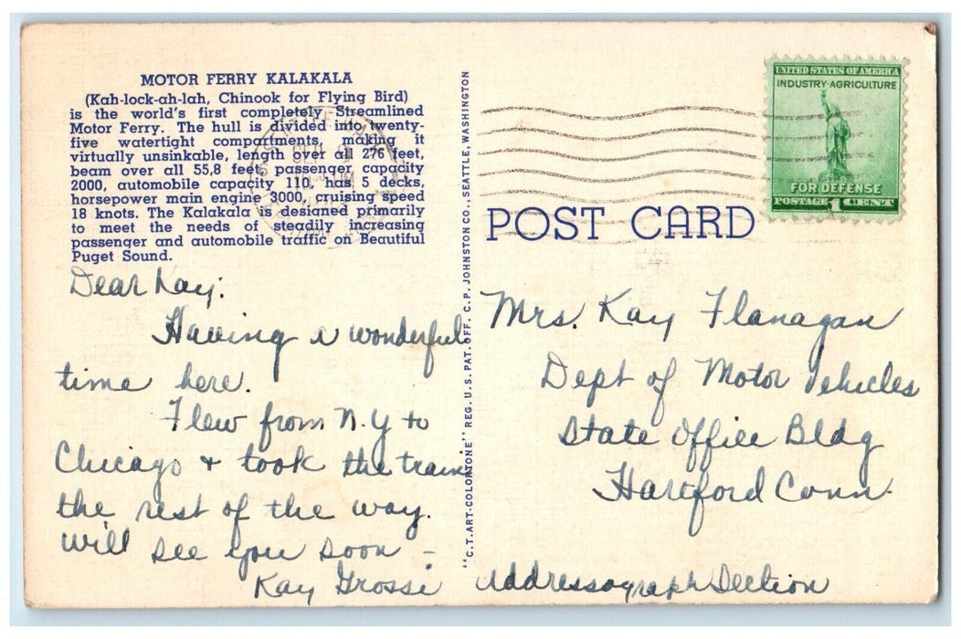 c1940 Motor Ferry Kalakala Worlds First Streamland Vessel Service Puget Postcard