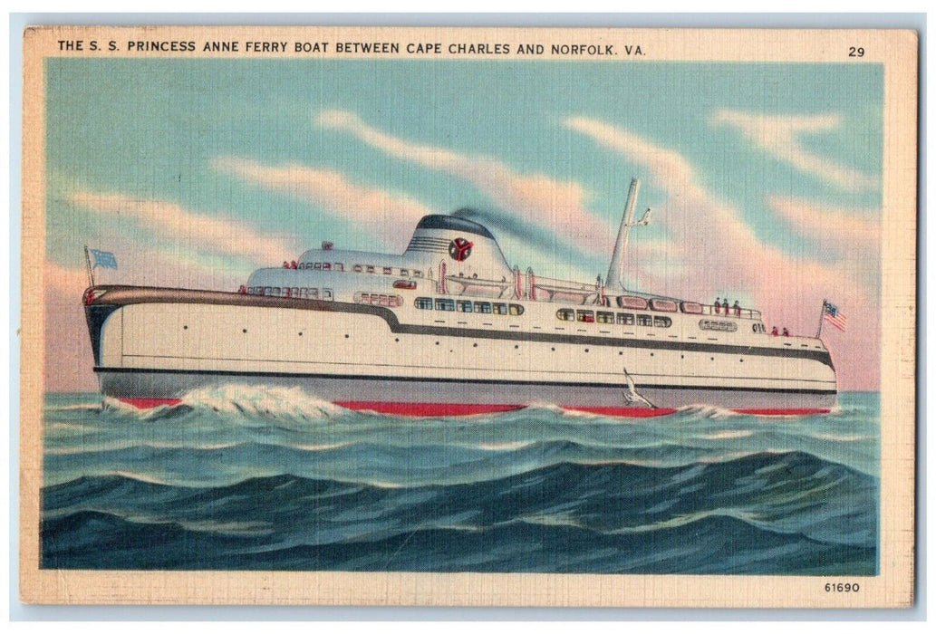 1940 SS Princess Anne Ferry Boat Between Cape Charles Norfolk Virginia Postcard