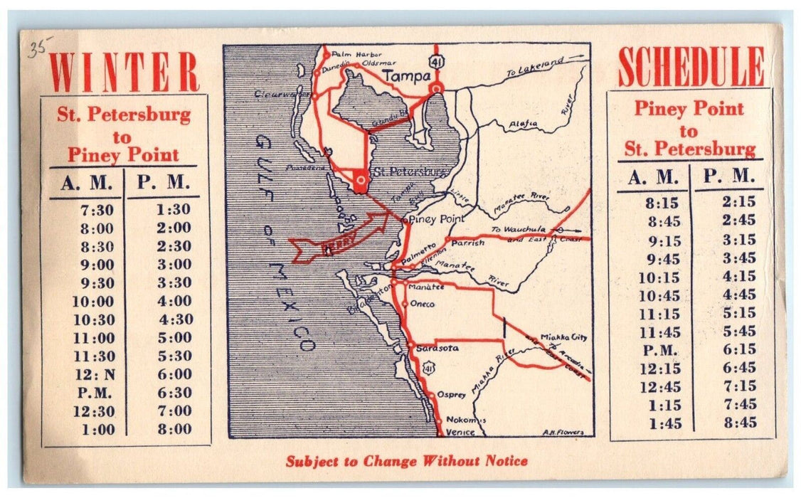 c1930 St Petersburg Port Authority Bee Line Ferry Winter Schedule Map Postcard