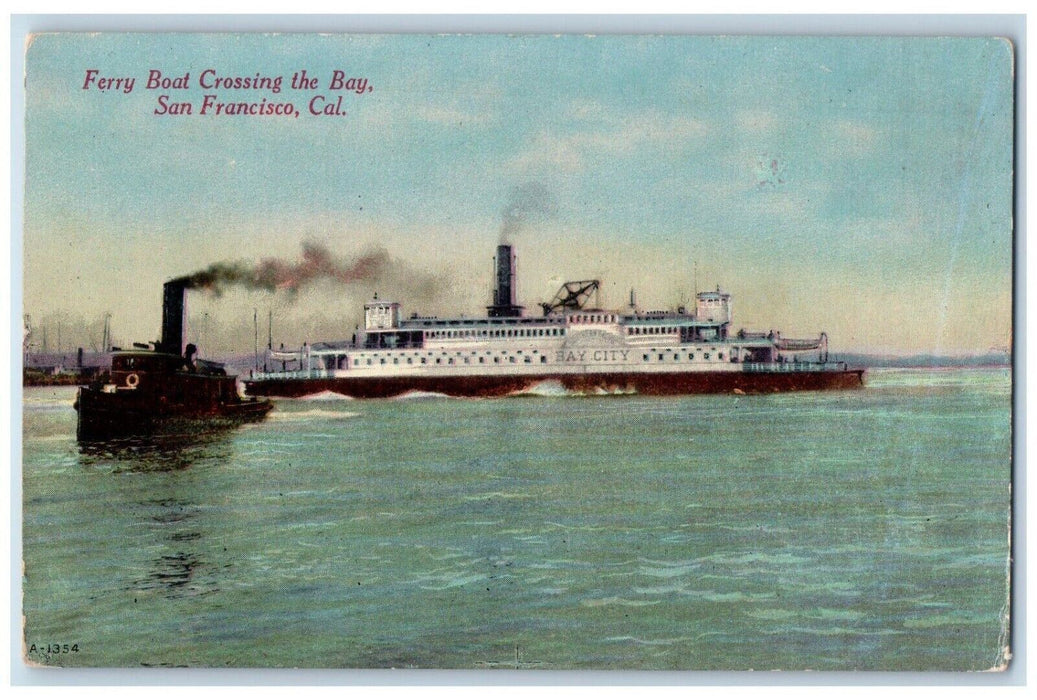 c1930 Ferry Boat Crossing Bay Steamer Bay City San Francisco California Postcard