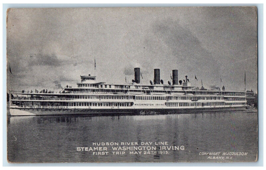 1914 SS Washington Irving First Trip Hudson River Day Line Steamer Ship Postcard