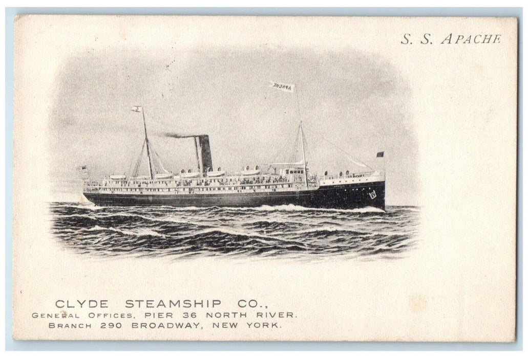 1909 SS Apache Clyde Steamship Co Steamer Ship Pier North River NY Postcard