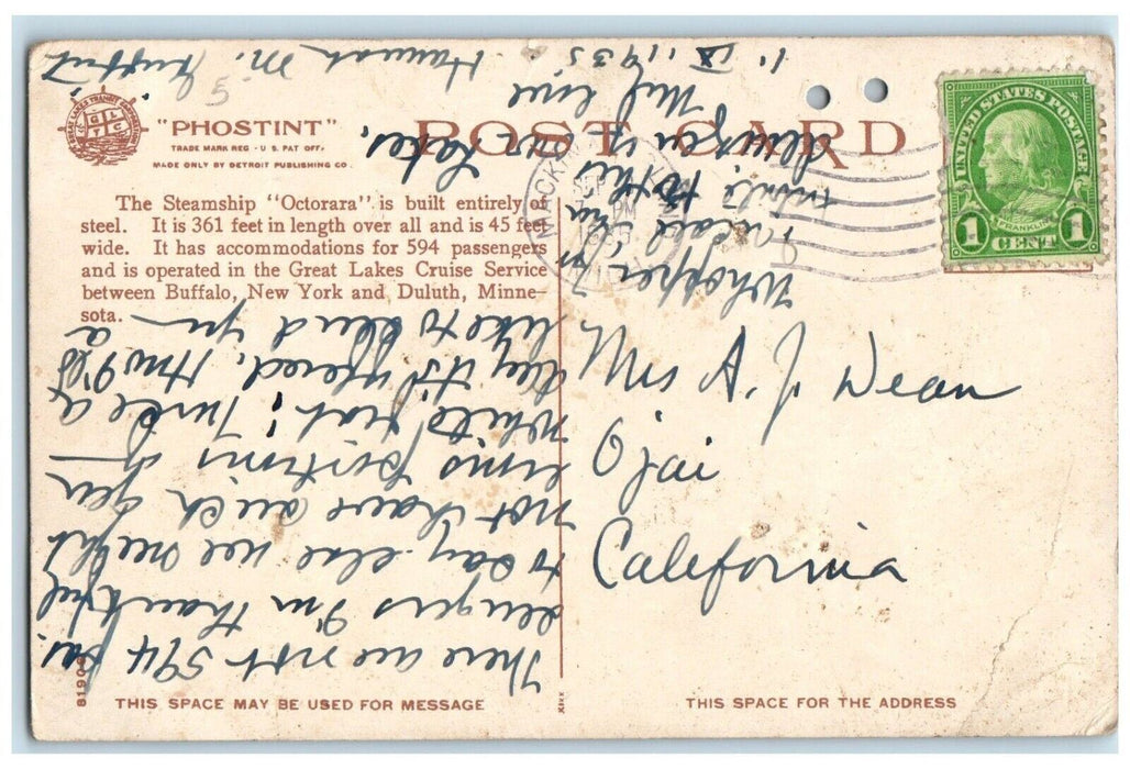1935 One Palatial Lake Liners Great Lakes Transit Corp Fleet Octorara Psotcard