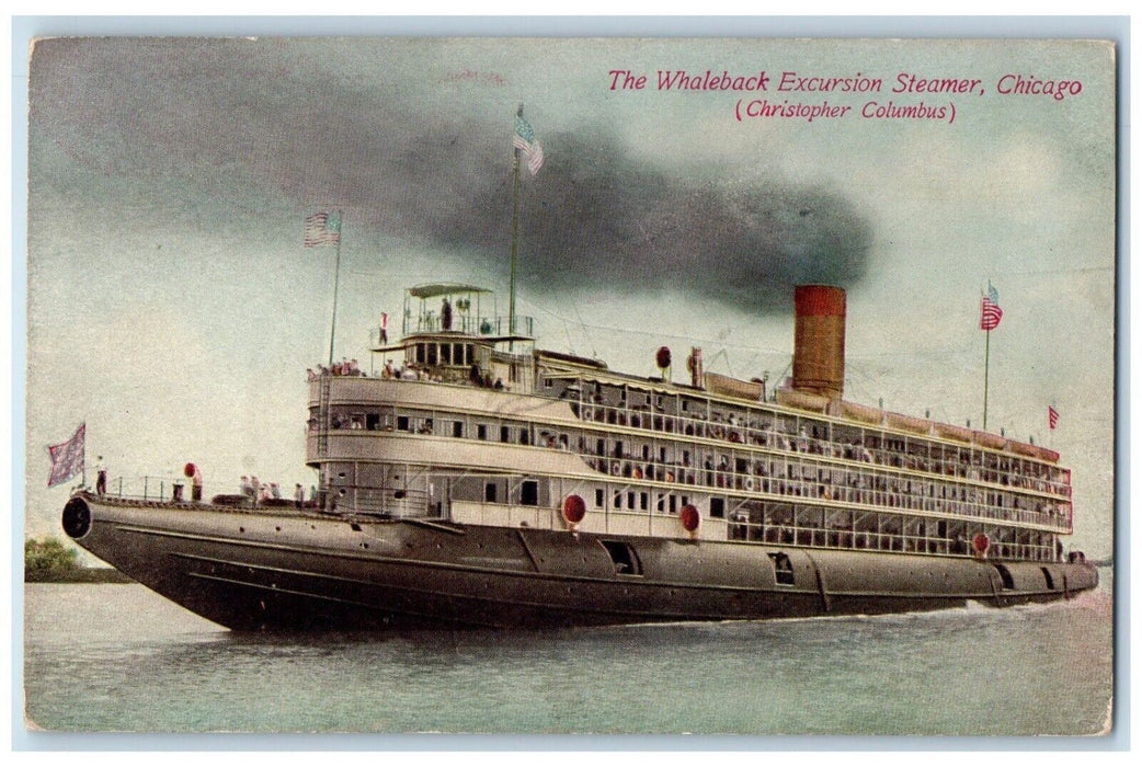 c1910 Whaleback Excursion Steamer Chicago Christopher Columbus Illinois Postcard