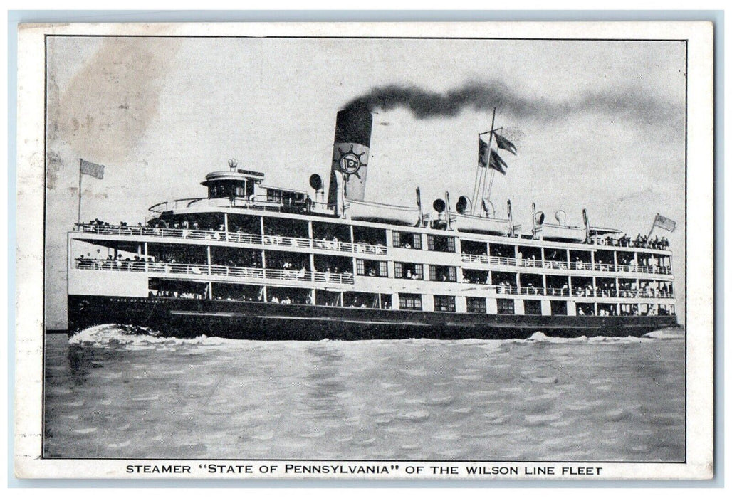 1912 Steamer State Pennsylvania Wilson Line Fleet Delaware DE River Ship Postcar