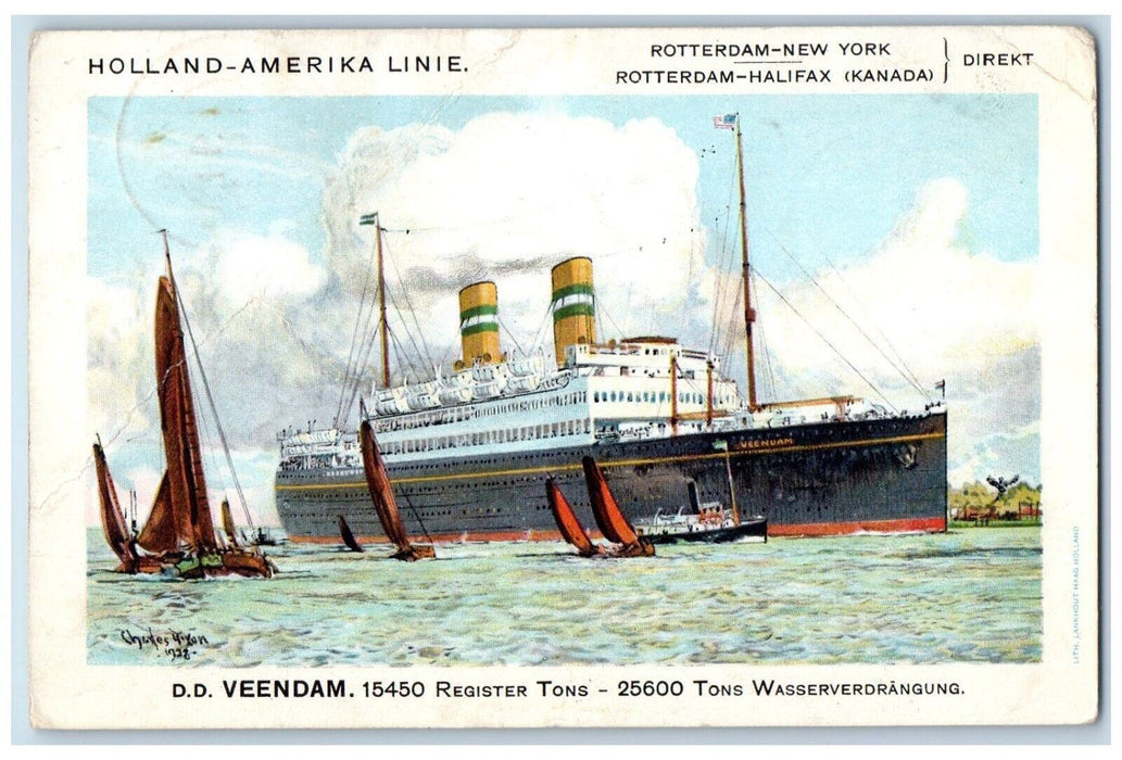 c1920 Holland America Line Rotterdam New York DD Veendam Steamer Ship Postcard