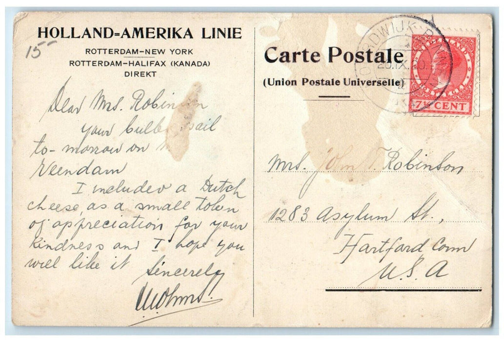 c1920 Holland America Line Rotterdam New York DD Veendam Steamer Ship Postcard