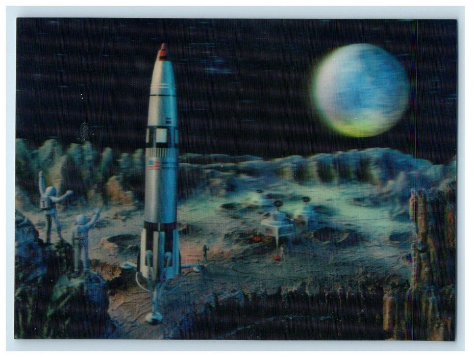 c1980's Lenticular Made in Japan US Space Rocket Moon 3D Lunar Postcard