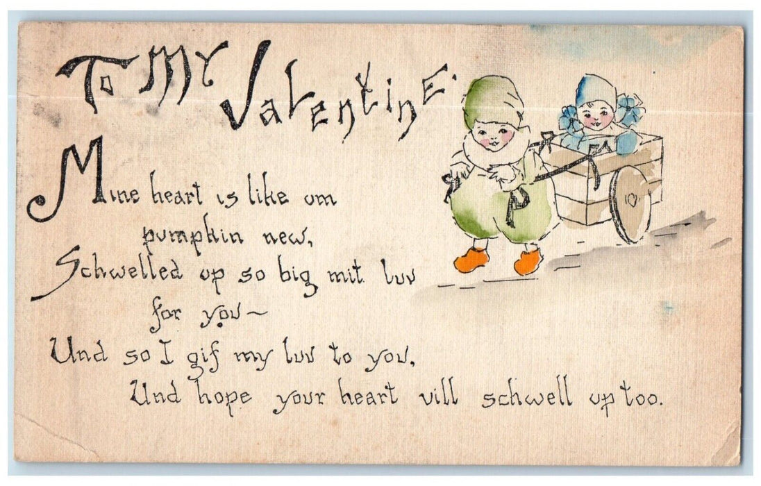 c1910's Valentine Little Dutch Boy Pulling Cart Girl Posted Antique Postcard