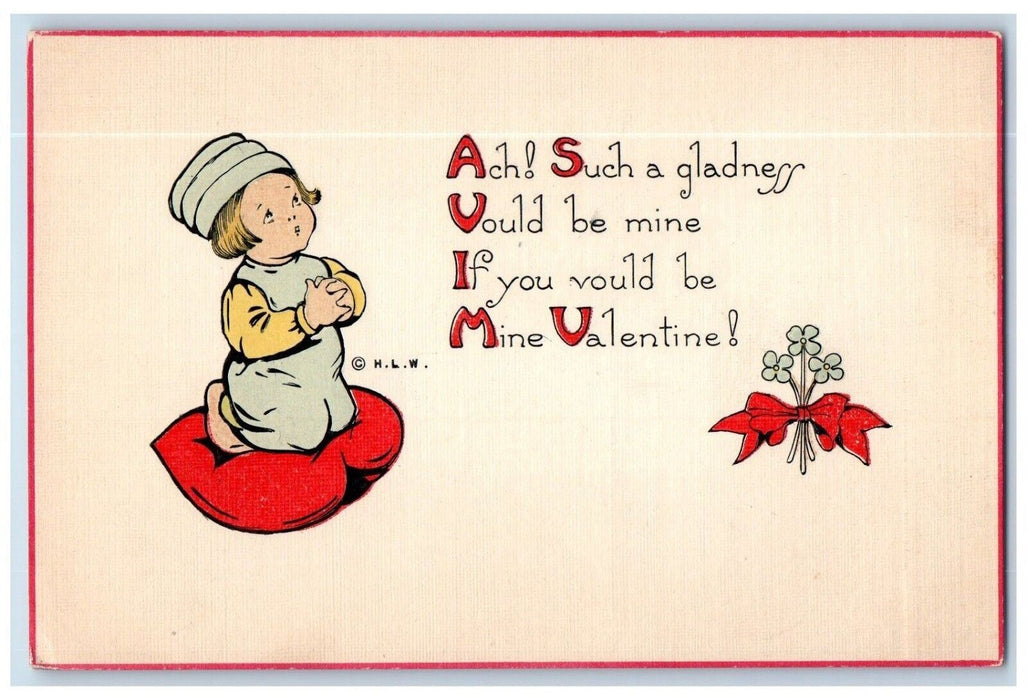 c1910's Valentine Heart Little Boy Praying Flowers Ribbon Embossed Postcard