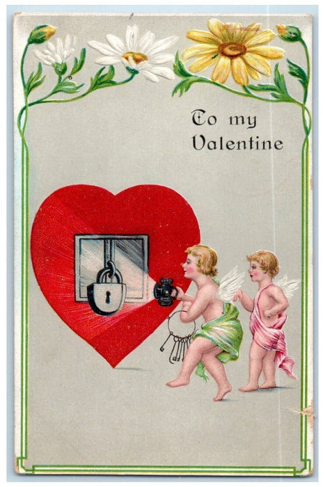 1910 Valentine Angels Padlock Keys Heart Lantern Flashlight Embossed Postcard