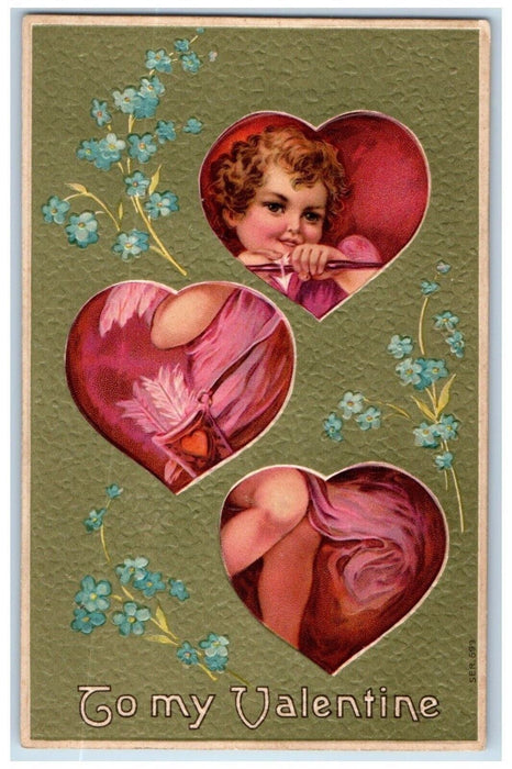 c1910's Valentine Angel Bow And Arrow Hearts Puzzle Pansies Flowers Postcard